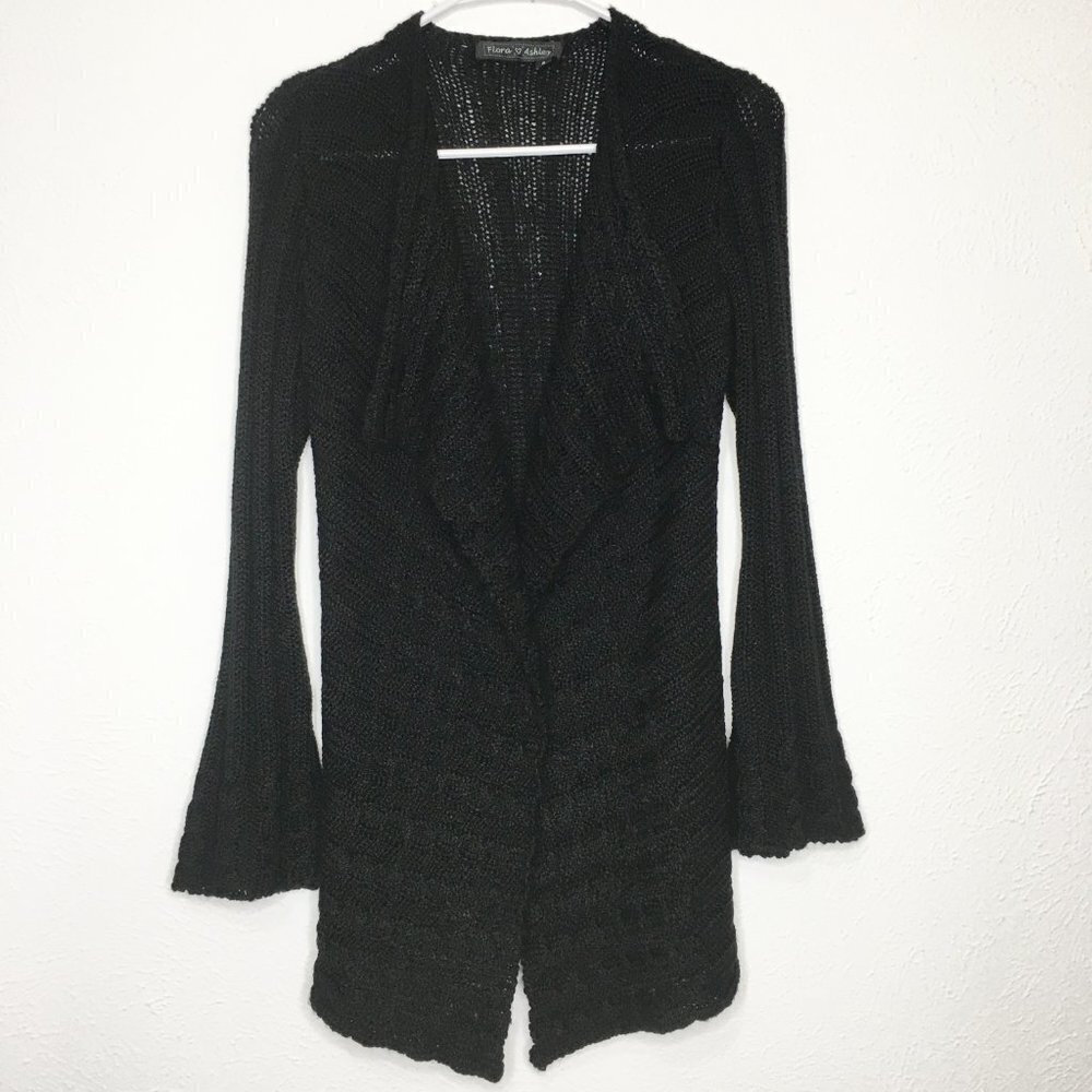 FLORA ASHLEY Black Witchy Open Drape Handkerchief Cardigan Crochet Knit Small